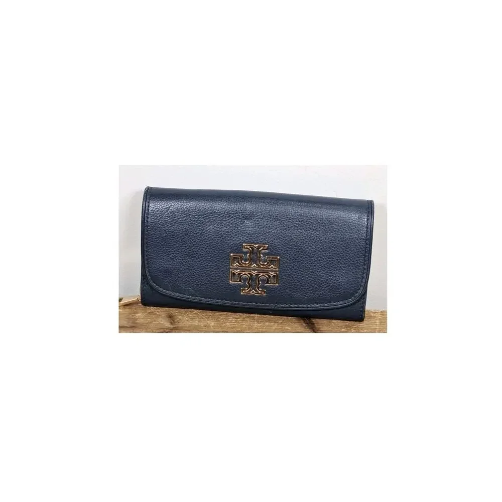 TORY BURCH Britten Black Pebbled Leather Zip Continental Wallet 141004